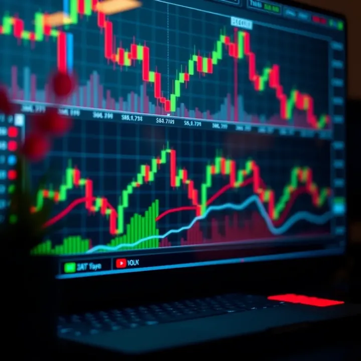 Illustration of forex trading charts and candlestick patterns displayed on a digital screen