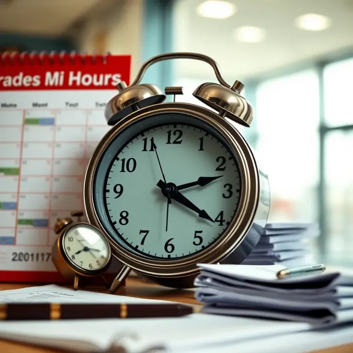 Trading Hours and Visit Planning at Alberton Home Affairs Clock indicating trading hours with a calendar and documents symbolizing scheduling and planning