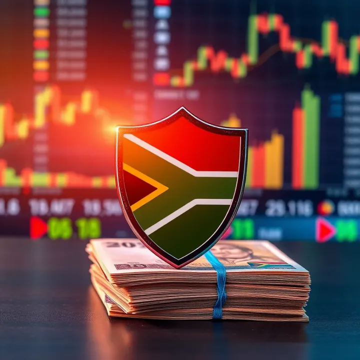Protecting Investments Against Forex Scams Graphic depicting a shield protecting a stack of currency notes with South African flag colors