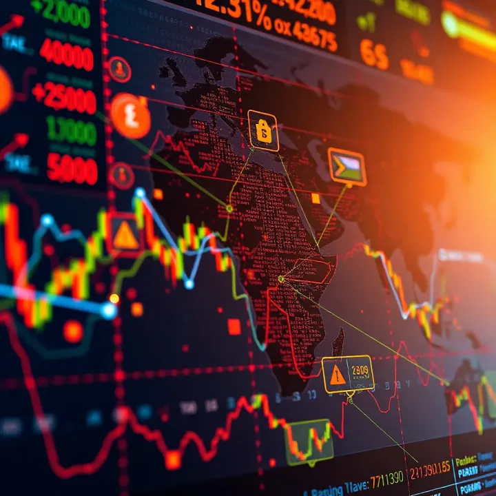Illustration of global currency exchange symbols connected over a digital world map representing forex market activity