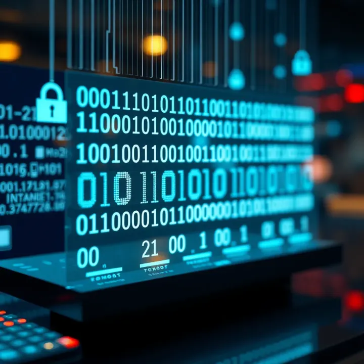 Binary Code in Digital Technology and Communication Conceptual graphic showing binary code integrated with digital technology and communication symbols