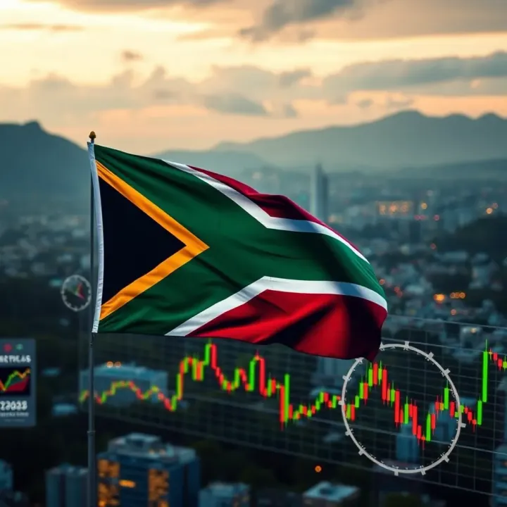 South African flag with digital trading symbols representing binary options market