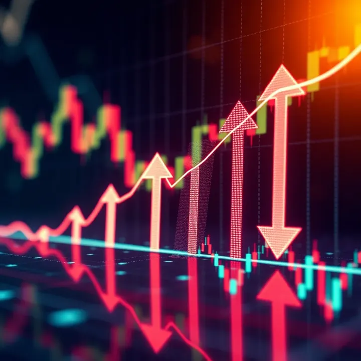 Graph showing binary options trading trends with upward and downward arrows representing market fluctuations