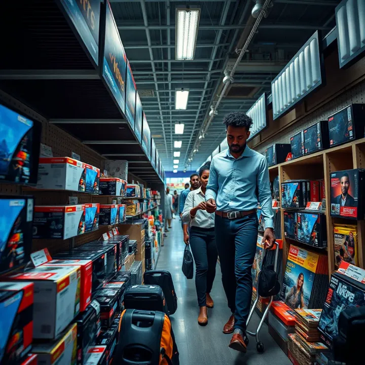 Shoppers browsing discounted electronics in a busy South African retail store during Black Friday sales