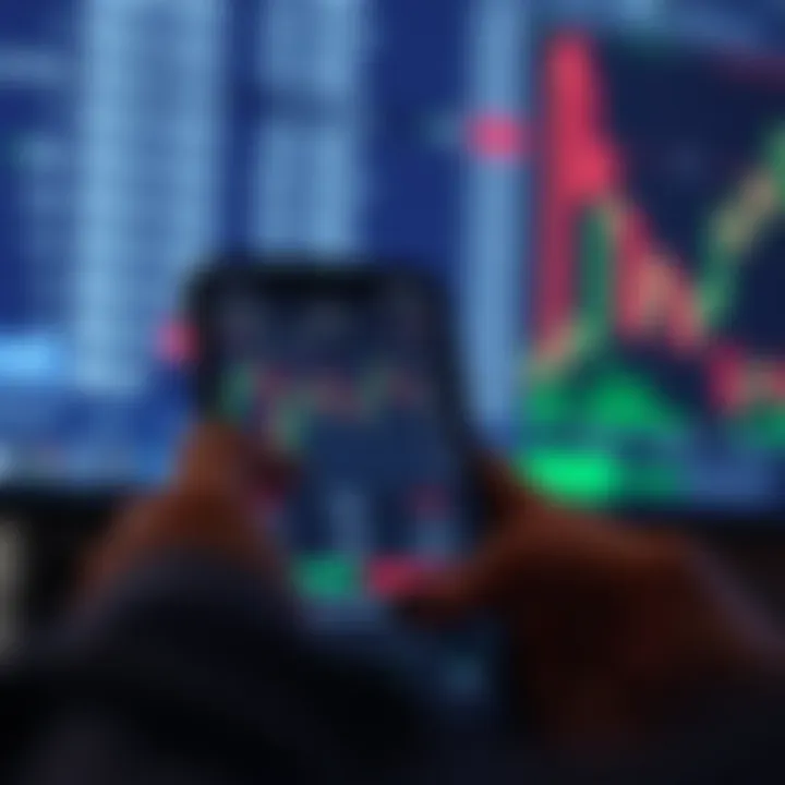 Mobile device displaying forex trading application interface with charts and currency exchange rates