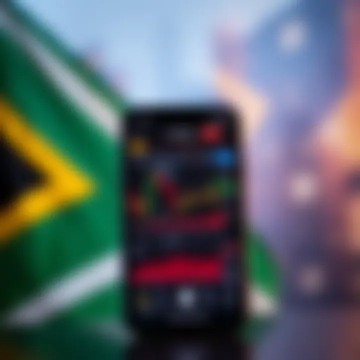 Mobile phone displaying forex trading charts and market data with South African flag in background