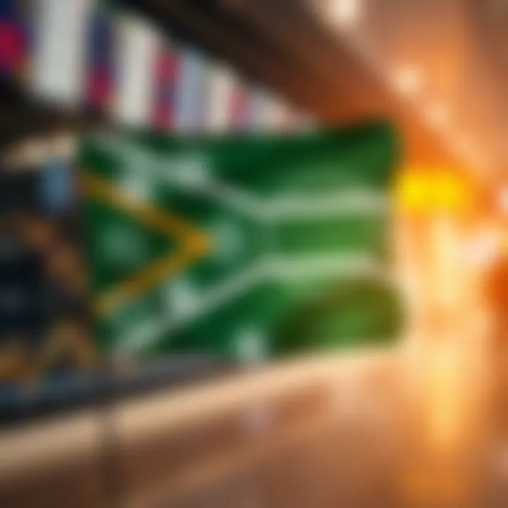 Illustration of South African flag with forex symbols and secure regulatory icons