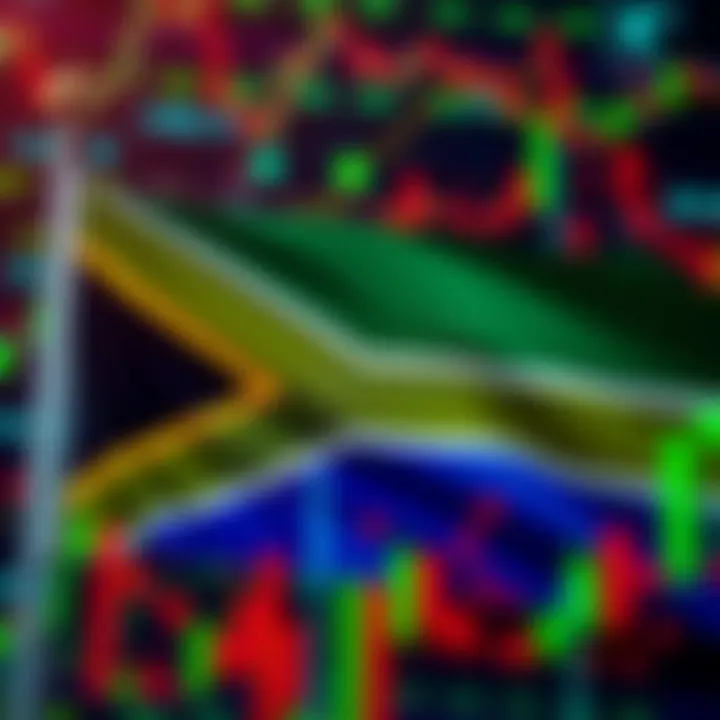 South African flag with currency symbols and digital trading data overlay