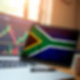 Illustration showing a digital financial chart with candlestick patterns and a South African flag overlay symbolizing local binary options trading
