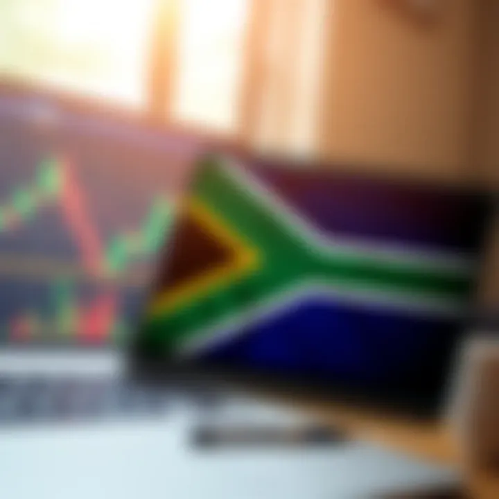 Illustration showing a digital financial chart with candlestick patterns and a South African flag overlay symbolizing local binary options trading