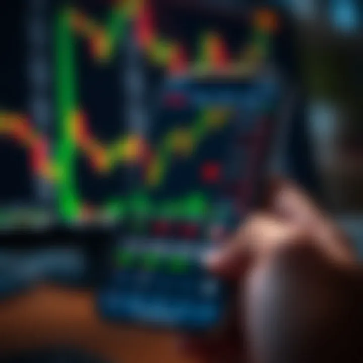 Mobile phone displaying forex trading charts and currency exchange rates