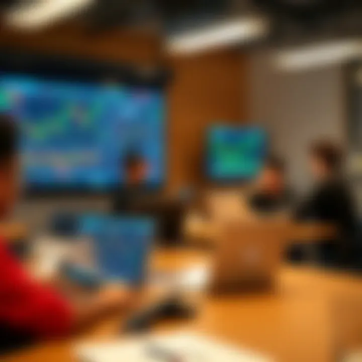 Classroom setting with students engaged in forex trading course with laptops and charts