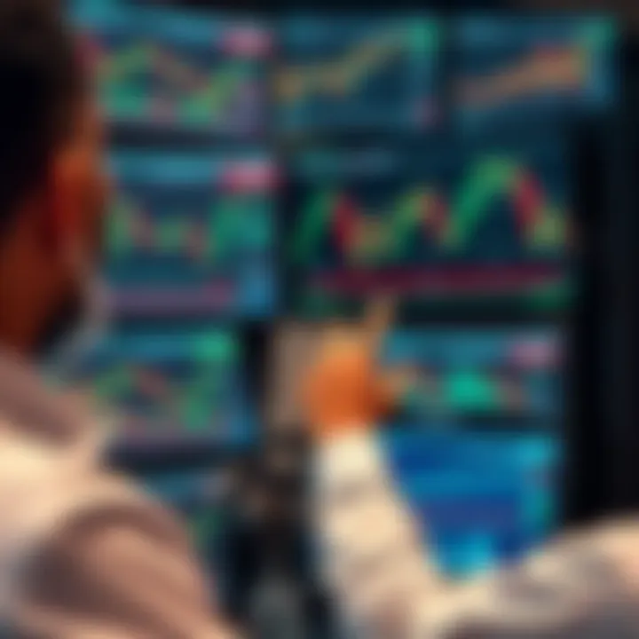 Traders analyzing forex market trends on multiple screens with graphical data and candlestick patterns