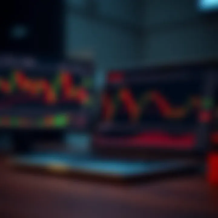 Analyzing Currency Market Trends with Trading Platforms Graph showing currency market trends alongside a laptop displaying forex trading platform