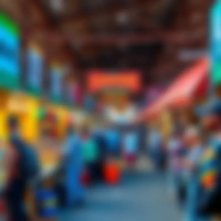 Colorful stalls and shoppers enjoying diverse products at a bustling flea market under bright daylight