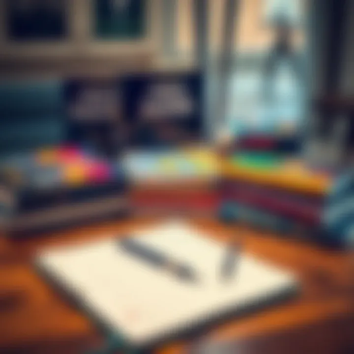 Collection of essential forex trading books spread out on a wooden table with a notebook and pen