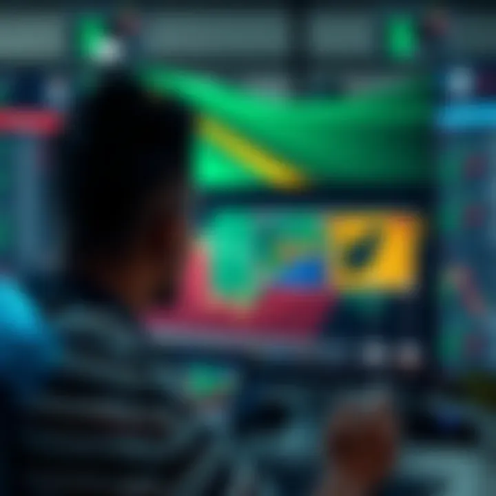 Conceptual graphic of a forex trader analyzing signal quality and market risks on a digital interface with a South African flag in the background