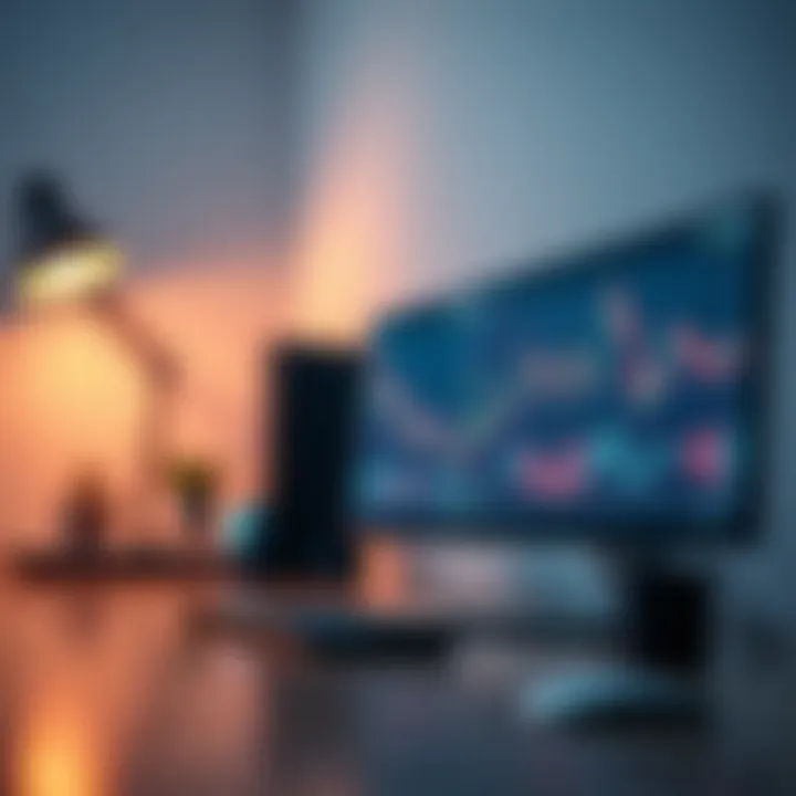 Close-up of a sleek computer desk displaying a calming forex-themed wallpaper designed to improve focus