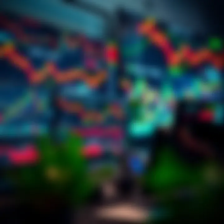 Trading workspace featuring multiple monitors with forex charts and vibrant graphical forex wallpaper