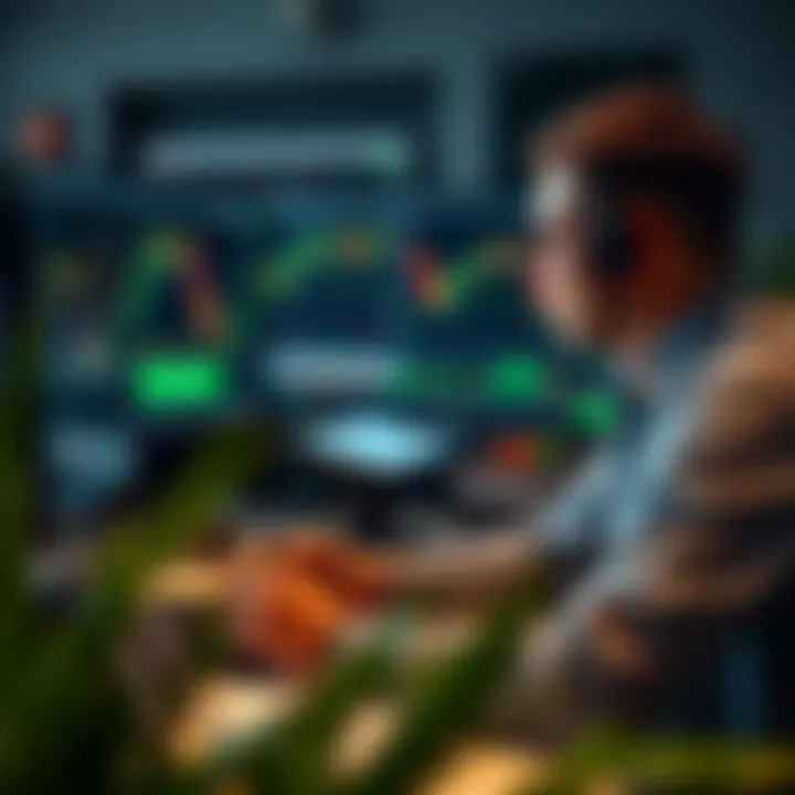Forex trader analyzing currency charts on multiple screens with coaching notes