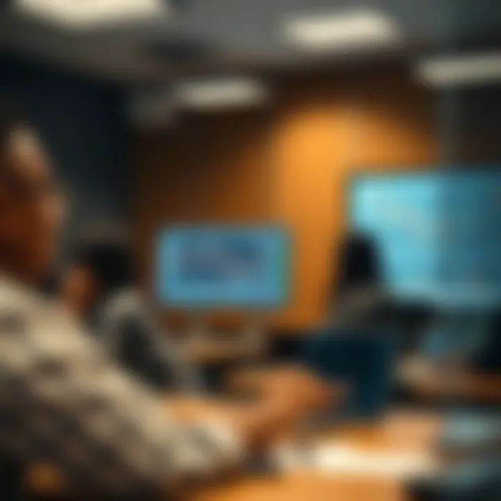 Classroom setting with students learning forex trading concepts on digital screens