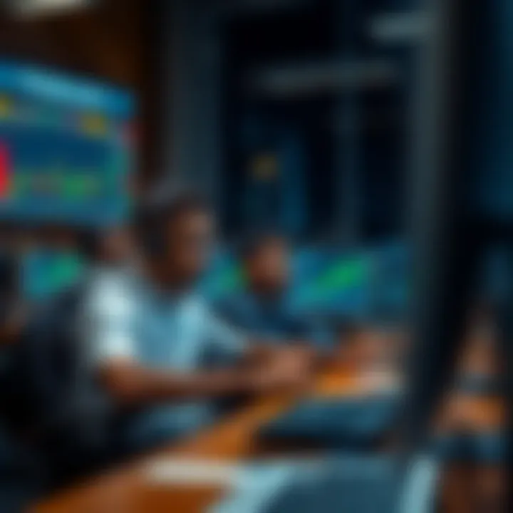 Classroom setting with students learning about forex trading on computers