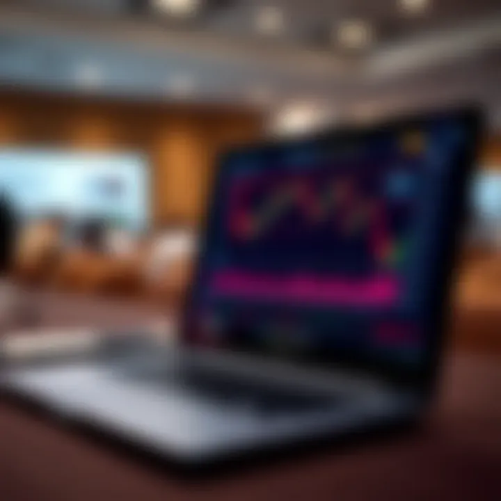 Close-up of a laptop displaying forex charts and data during a seminar session