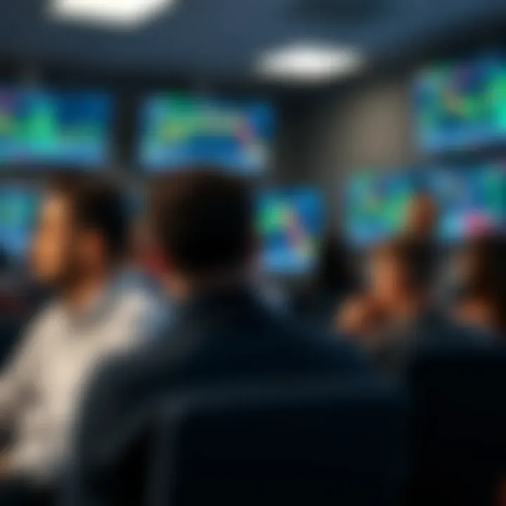 Group of forex traders attending a seminar with charts and graphs displayed on screens