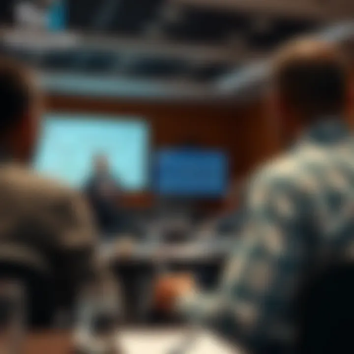 Instructor explaining forex trading strategies using digital presentation in a classroom setting