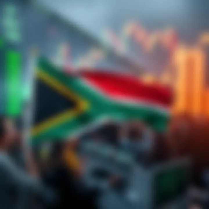 Visual representation of South African flag merged with forex currency symbols and trading growth arrows
