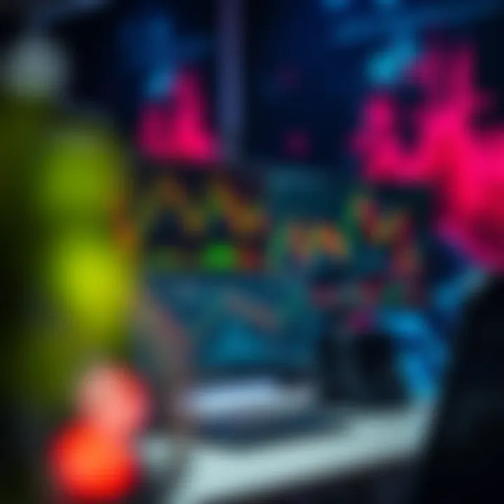 A modern trading workspace with dual monitors displaying forex charts and a vibrant motivational wallpaper enhancing focus