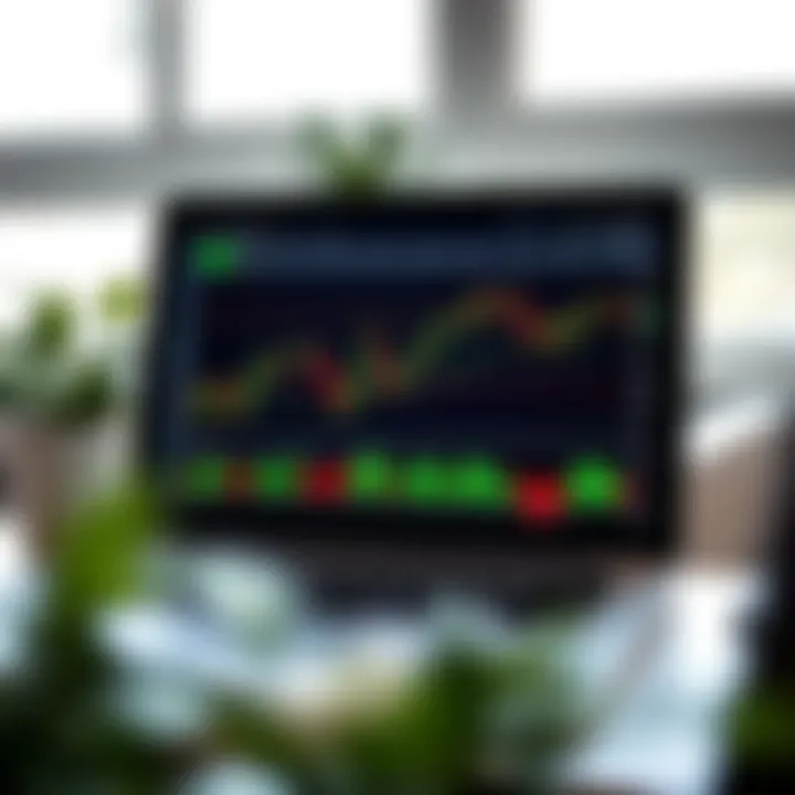 Laptop screen displaying forex trading platform with candlestick charts and indicators