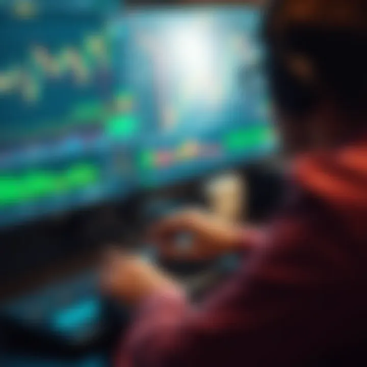 Forex trader analyzing currency market data with a digital risk management calculator on screen