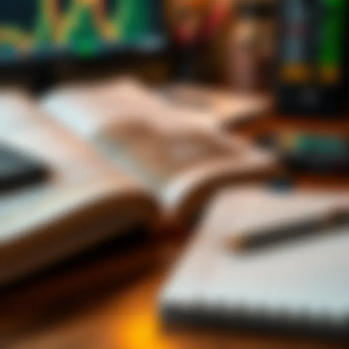 Close-up of a desk with an open forex trading strategy book and a notebook for notes