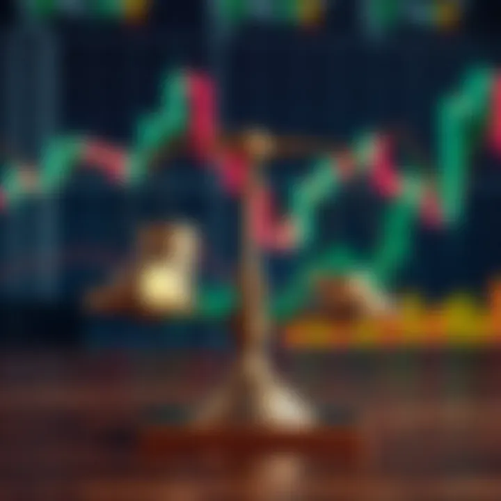 Risk management concept with balance scale weighing coins against forex trading symbols
