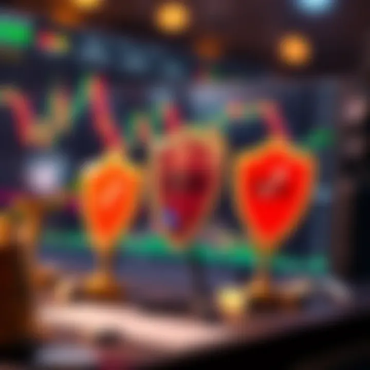 Illustration of risk management tools including charts and protective shields for trading