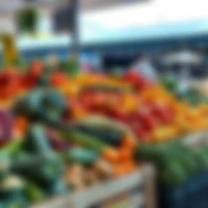 Colorful assortment of seasonal fruits and vegetables arranged neatly on wooden crates at a local Somerset West market