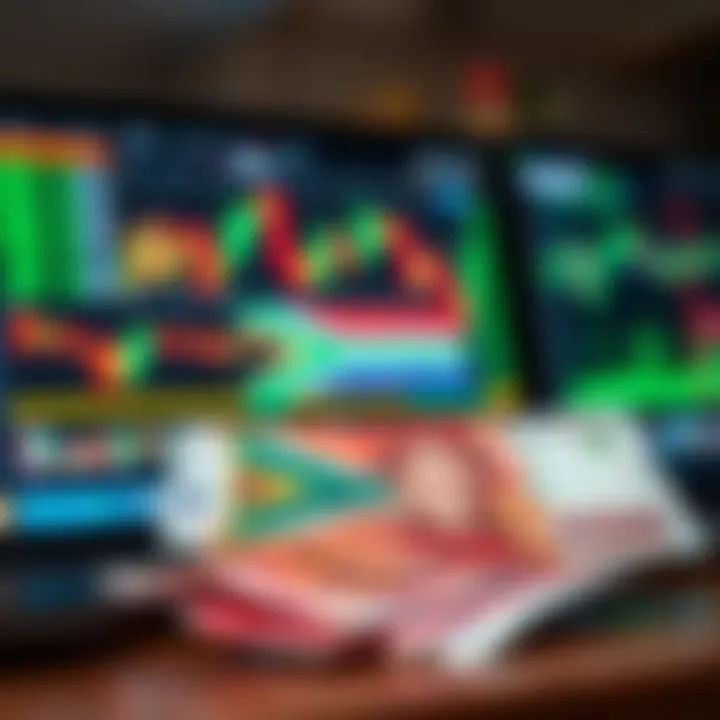 Illustration of South African currency notes alongside a computer displaying forex market data
