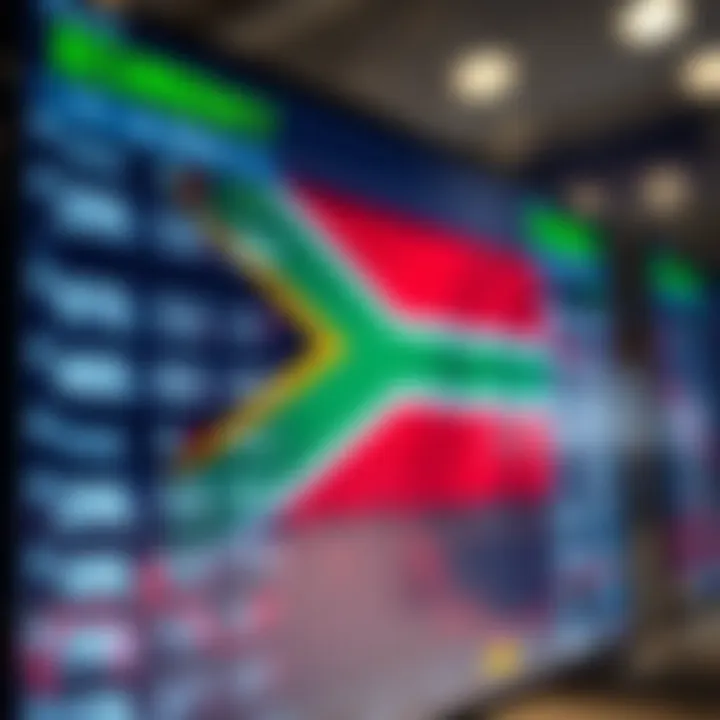 Currency exchange rates displayed on digital screen with South African flag