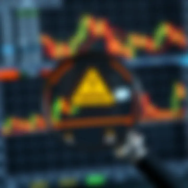 Illustration showing a magnifying glass focusing on a forex trading chart with warning symbols