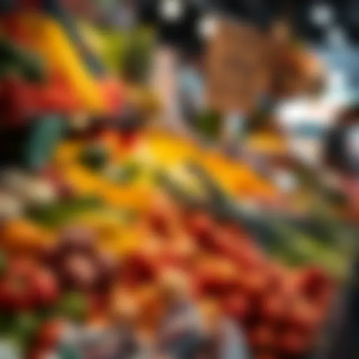 Fresh fruits and vegetables displayed at a bustling market stall in Tokai