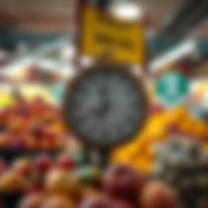 Clock showing typical opening hours with a variety of seasonal fruits in the background