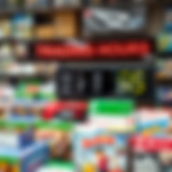 A digital clock displaying trading hours alongside a variety of board games and video game boxes inside a retail store