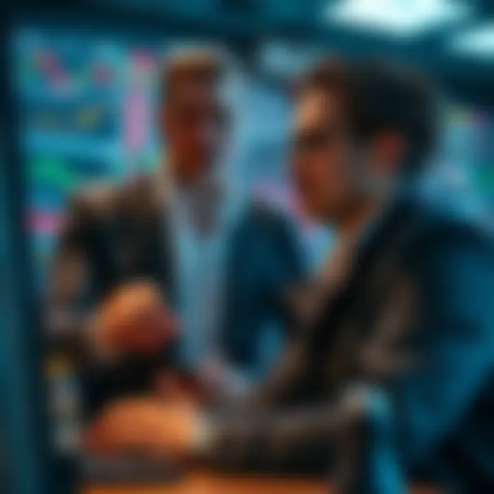 Forex trading mentor guiding a beginner through market trends and risk management strategies