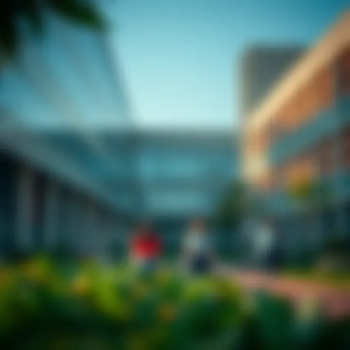 University campus with modern architecture and students walking on pathways