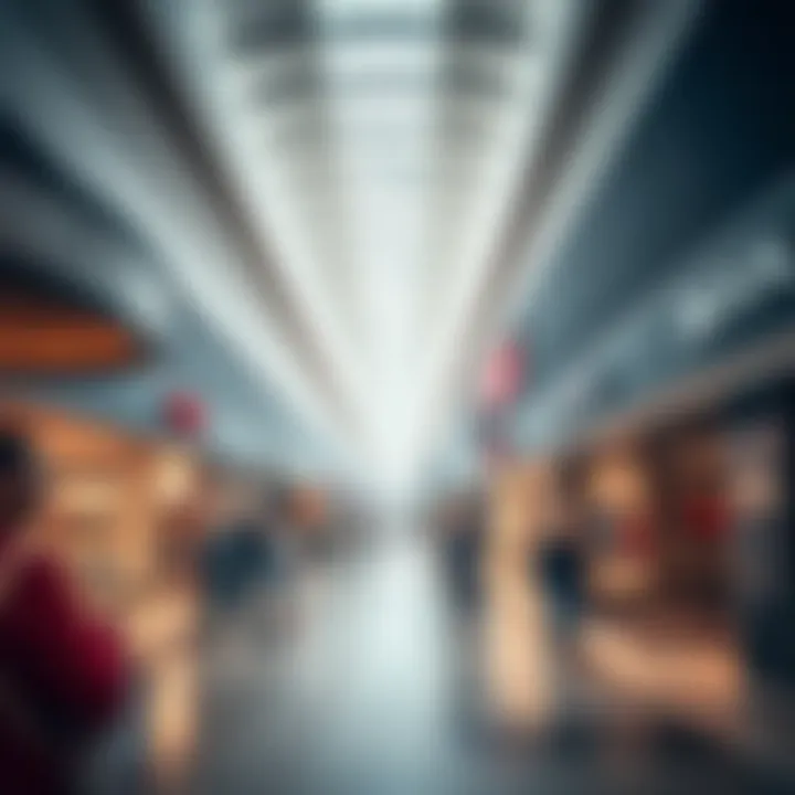 Interior of a spacious shopping corridor at Woodmead Factory Shops with various brand outlets and shoppers walking along