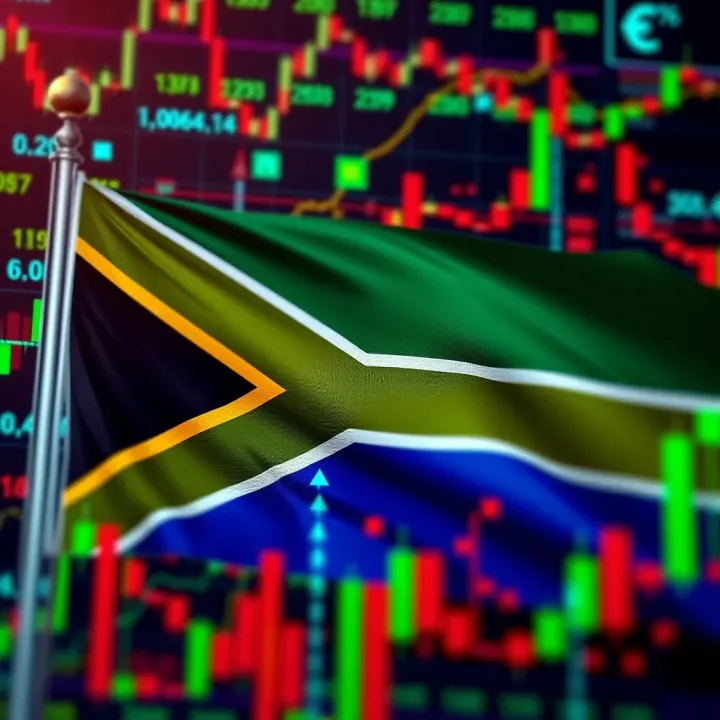 South African flag with currency symbols and digital trading data overlay