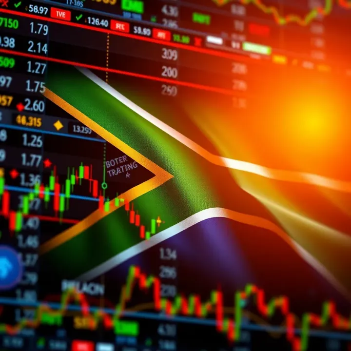 Illustration showing the South African flag combined with digital trading charts and currency symbols representing binary trading