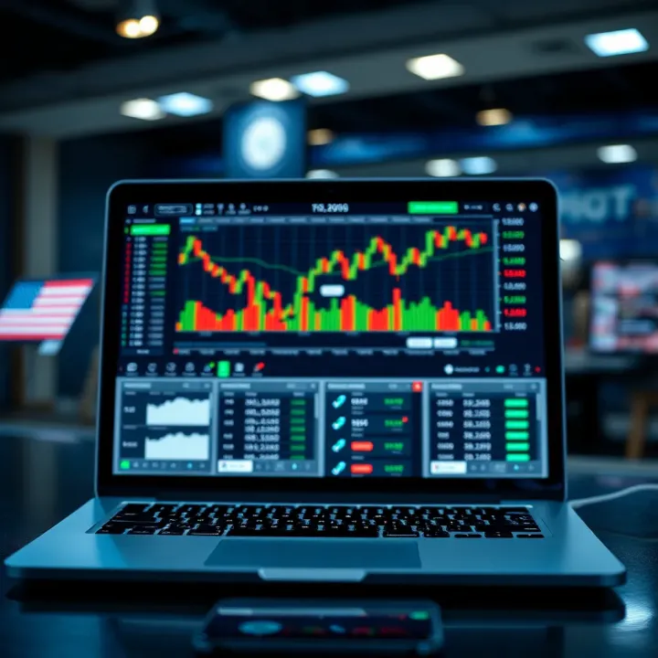Laptop showing forex trading platform with educational content on screen