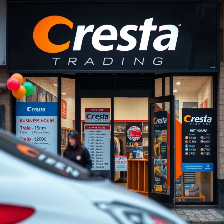 Storefront of a Cresta Trading game shop with clear business hours displayed on the door